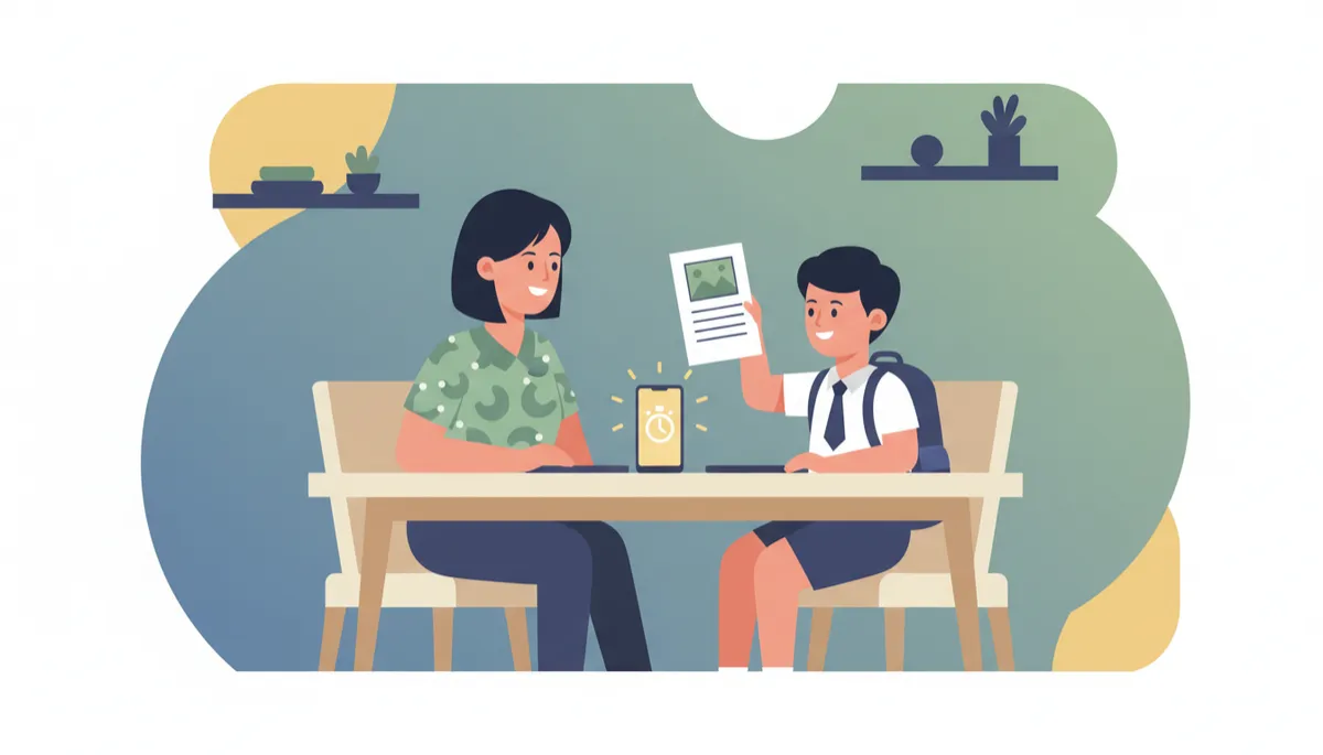 professional photorealistic scene of a Singapore parent and Primary 6 child sitting across a dining table, timer phone on the table, child holding a passage and photograph, calm neutral home setting