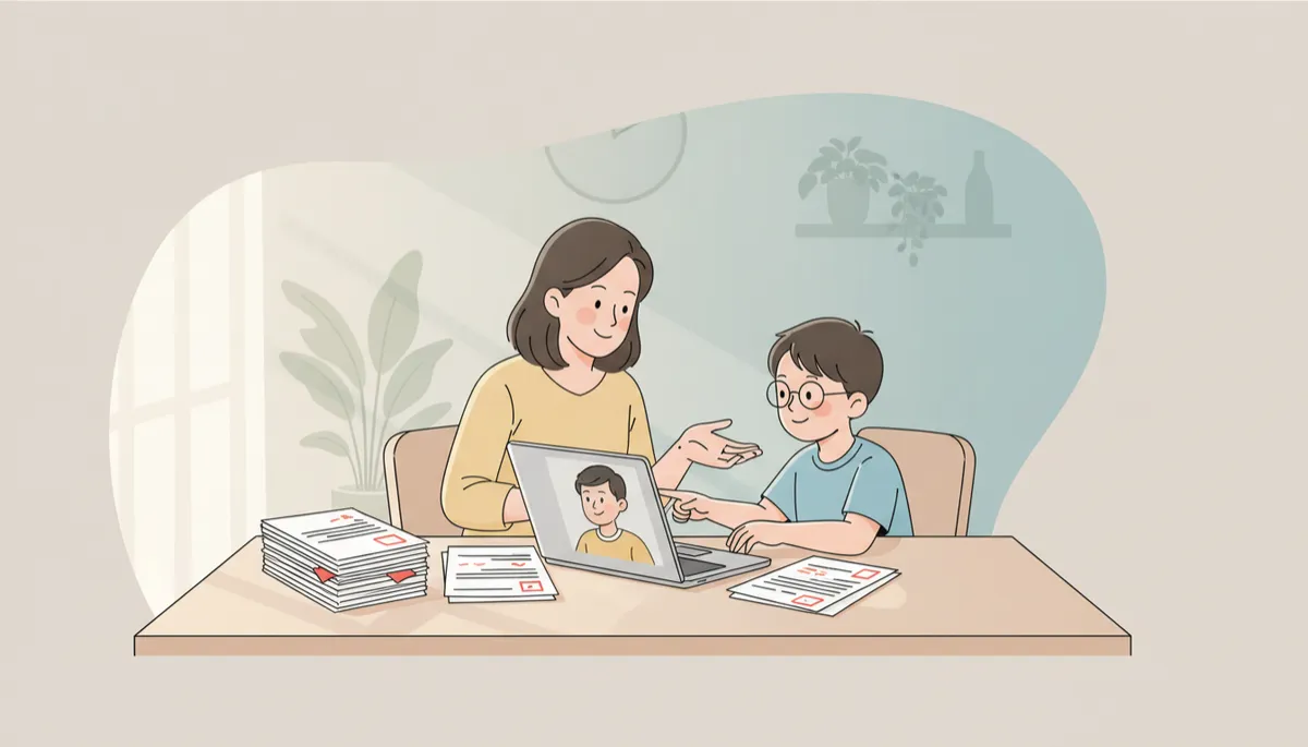 professional neutral-toned scene of a Singapore parent and Primary 6 child sitting at a dining table with exam papers and a laptop, calmly discussing results with a tutor on screen, soft natural lighting, professional style
