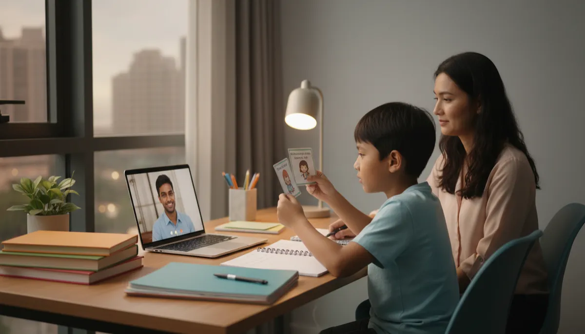 professional neutral-toned scene of a Primary 6 student and parent sitting at a tidy study desk in a Singapore HDB flat, student practising oral conversation with cue cards while a calm tutor guides via laptop video call, soft evening lighting and organised notes visible