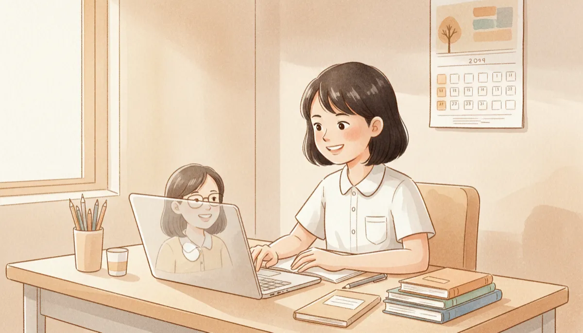 professional neutral-toned scene of a Primary 6 student in Singapore sitting at a tidy study desk at home, speaking confidently to a tutor on a laptop video call, both faces visible, with simple stationery and a wall calendar in the background