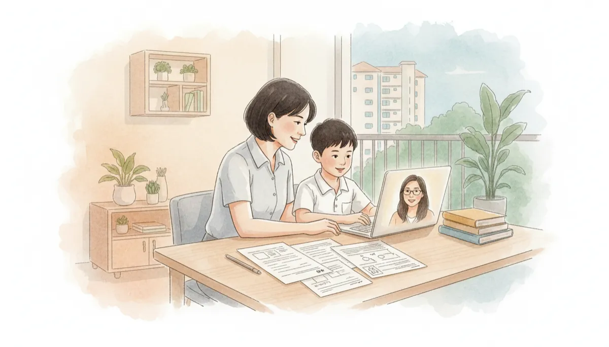 professional, neutral-toned scene of a Singapore parent and Primary 6 child seated at a tidy study table with worksheets and a laptop, speaking to an English oral specialist on screen, calm evening lighting, modern HDB living room
