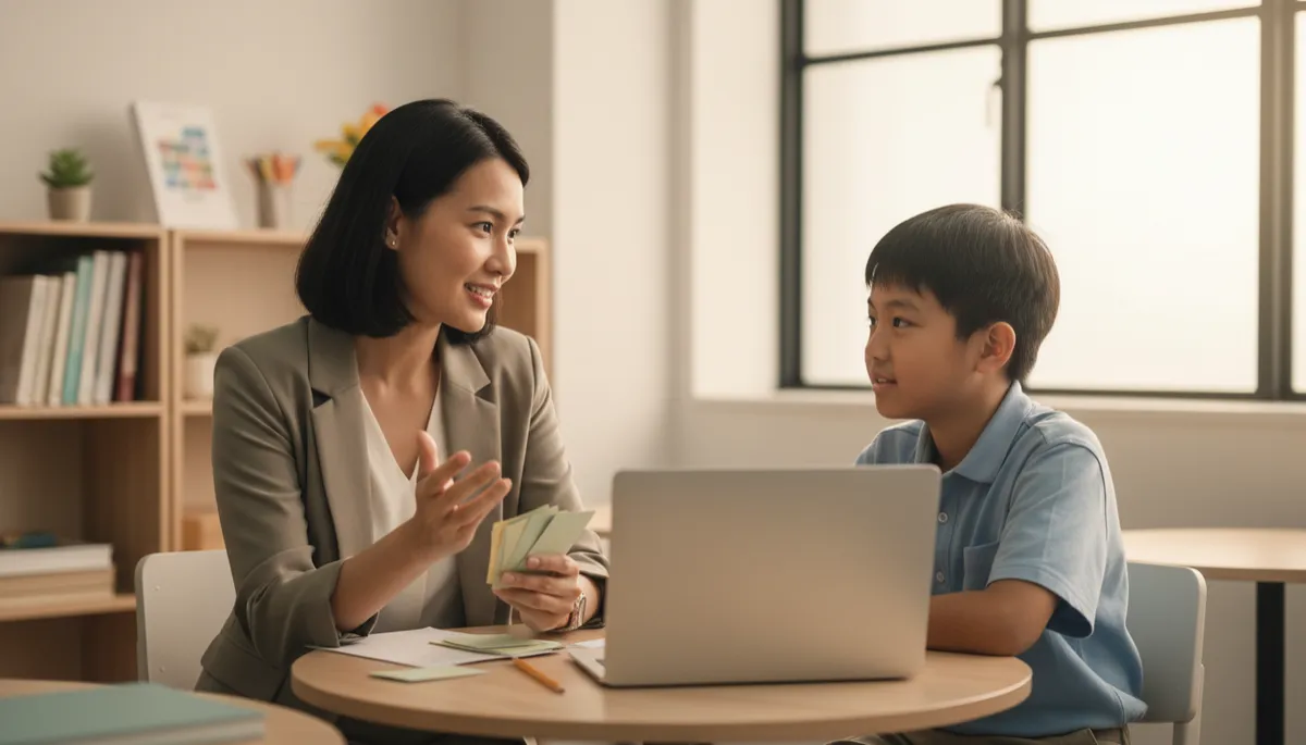 professional neutral-toned classroom setting with a confident tutor role-playing an oral exam with a Primary 6 student, both seated at a small table with cue cards and a laptop, calm lighting and clean background