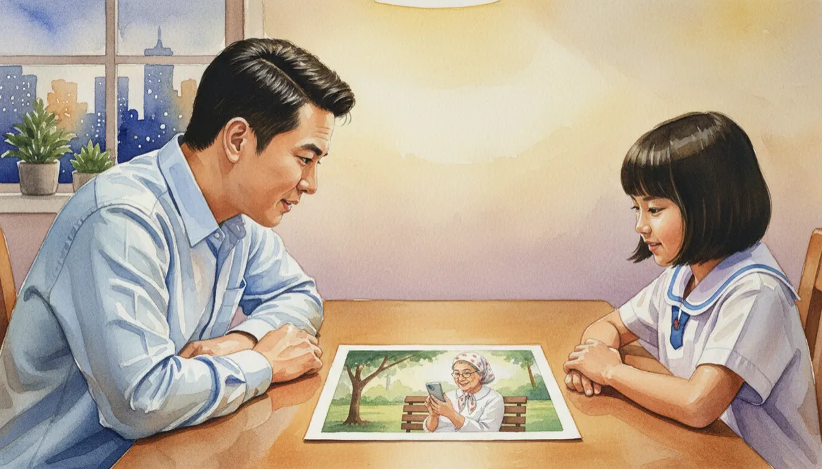 professional photorealistic scene of a Singapore parent and primary school child seated at a dining table, discussing a printed PSLE oral practice picture showing a grandparent using a smartphone, neutral colours and calm evening lighting