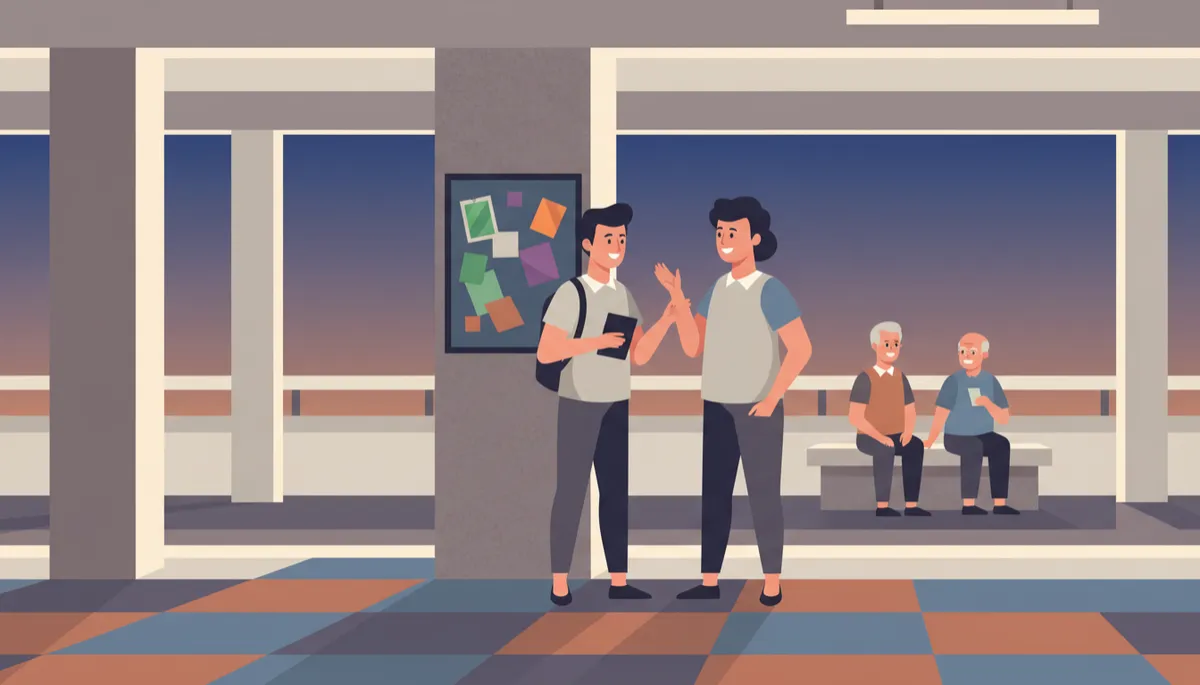 professional photorealistic scene of a Singapore HDB void deck where a student is chatting confidently with a supportive parent, community noticeboard and elderly residents in background, neutral colours and calm evening light