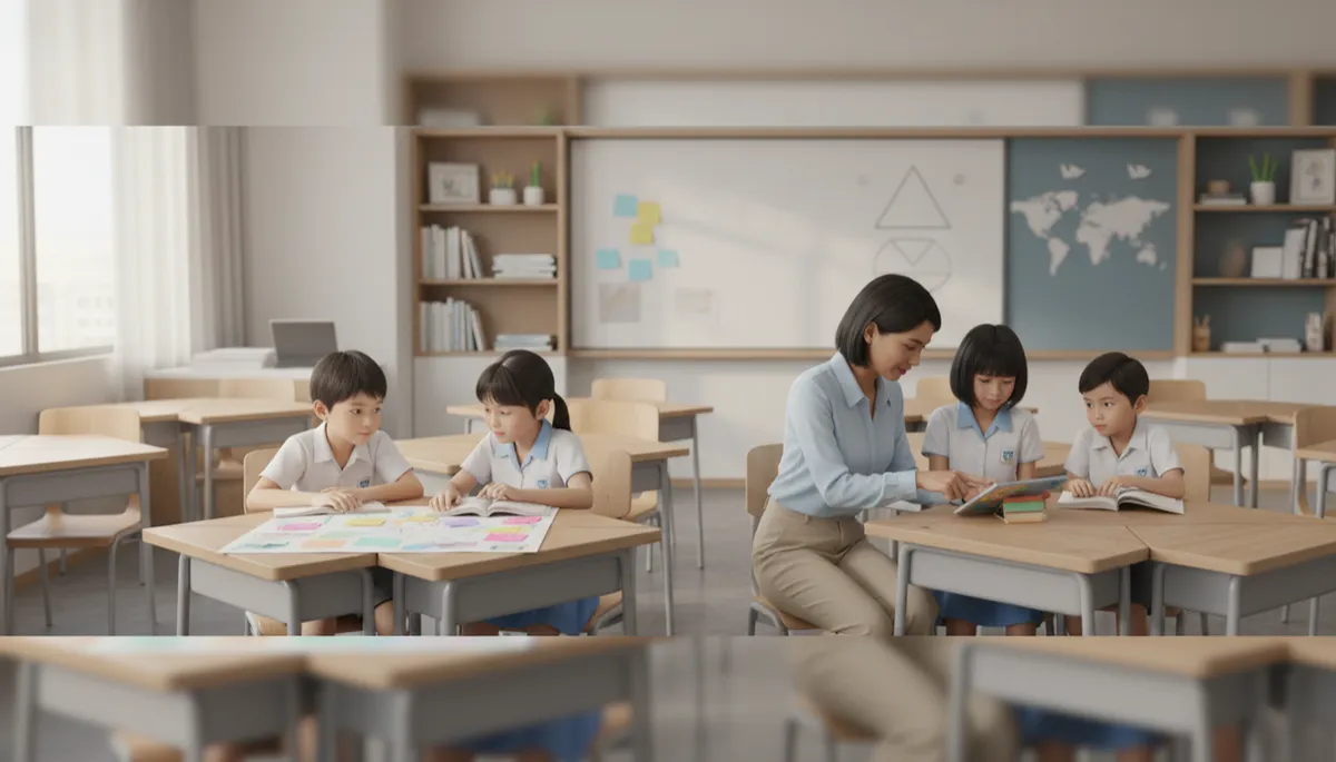 professional neutral-toned classroom scene in a Singapore primary school, teacher talking to two students while another pair discusses a project at their desk, soft natural lighting, calm and focused mood