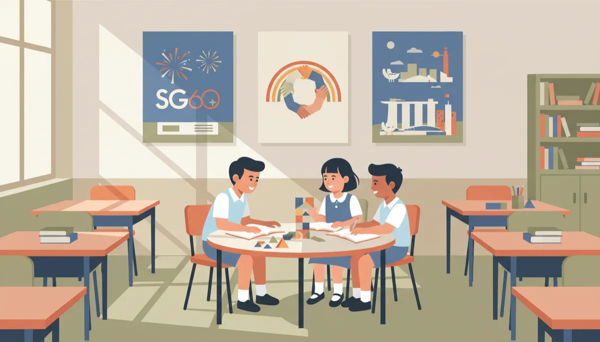 professional style photograph of Singapore primary school pupils discussing in a classroom, with posters of SG60, racial harmony and local heritage sites on the walls, neutral colour palette
