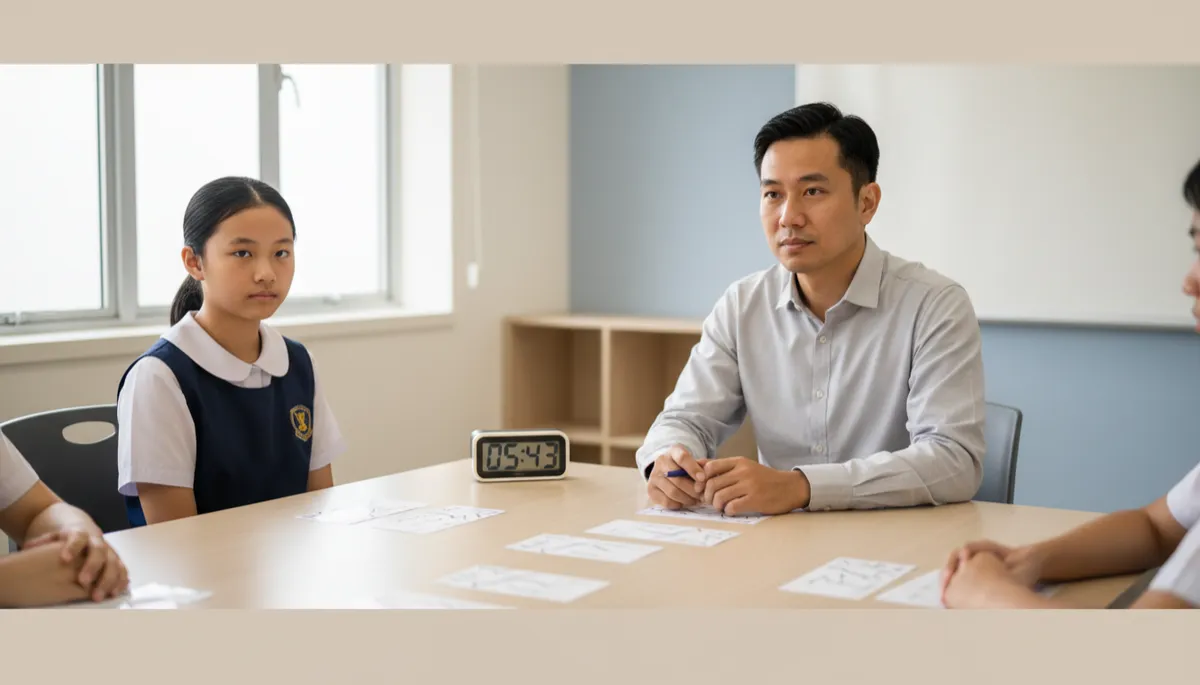 professional neutral-toned classroom scene in Singapore, Primary 5 student seated across from an examiner at a simple table, exam cards and timer visible, soft natural light, calm focused expressions