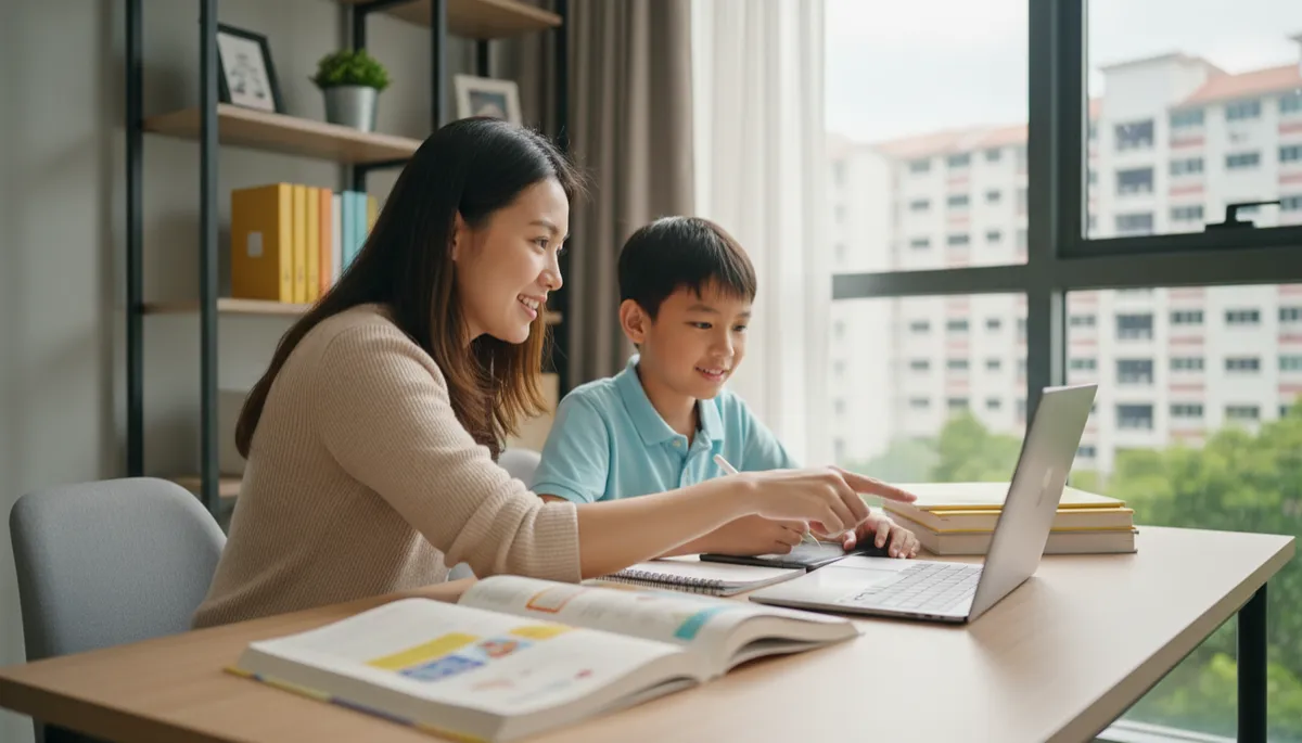 professional photograph of a friendly online English tutor guiding a Primary 6 student on a laptop at a neat HDB living room study corner, soft neutral colours, Singapore public housing blocks visible through the window
