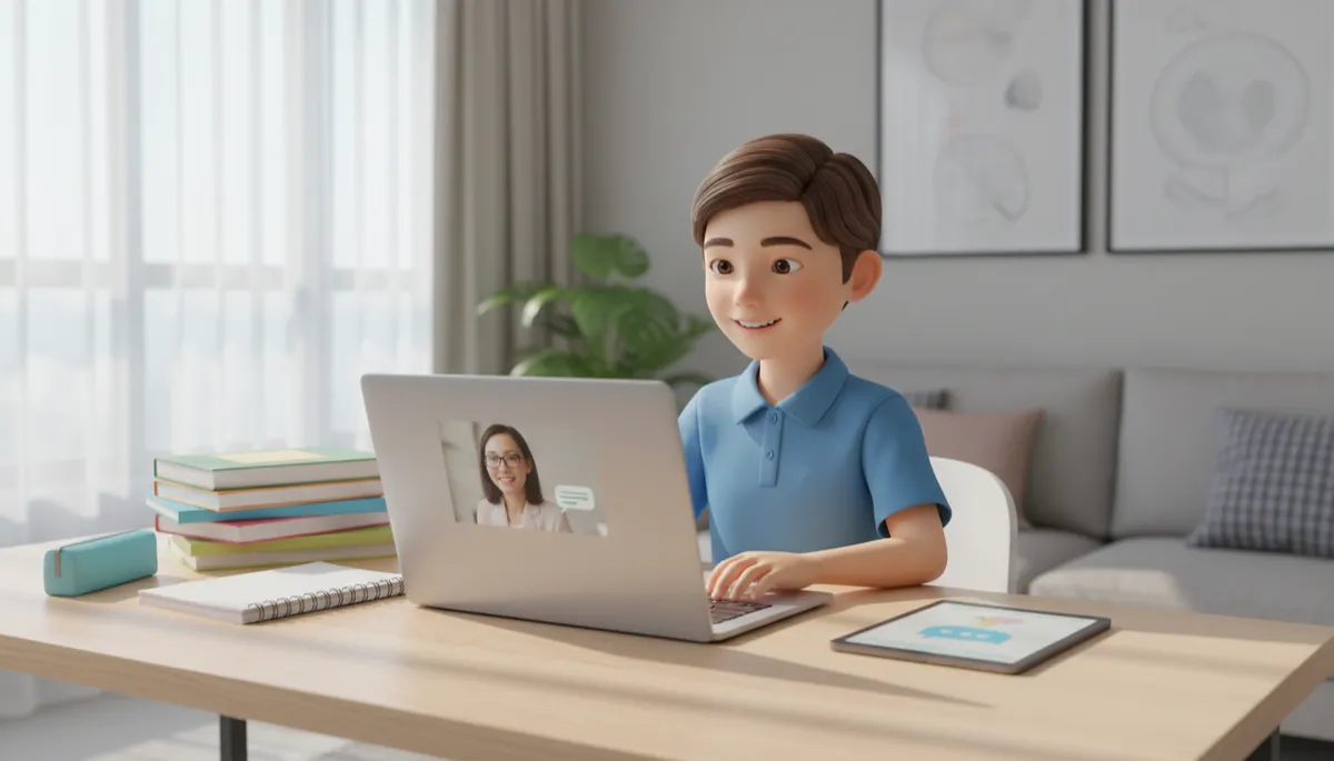 professional photorealistic scene of a Primary 6 student in a modern Jurong East HDB living room attending an online English oral tuition session on a laptop, with a friendly tutor on screen and neat study materials on the table, neutral colours and bright natural light