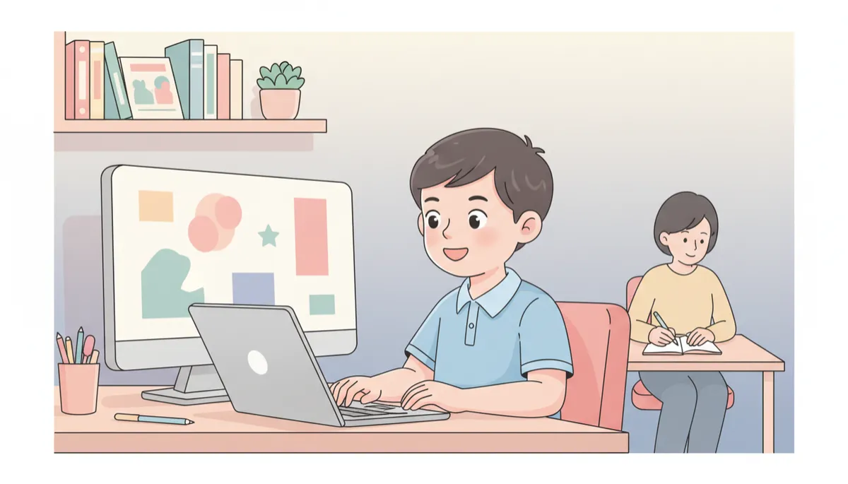 professional photorealistic scene of a primary school student in a neat study corner at home in Ang Mo Kio, speaking confidently to a laptop during an online lesson, soft neutral colours, calm evening light, supportive parent in background taking notes