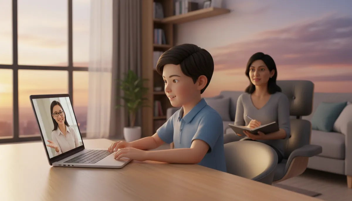 professional photorealistic scene of a Primary 6 student in a Woodlands HDB living room attending an online oral tuition session on a laptop, calm evening light, parent nearby with notebook, tutor visible on screen smiling and guiding the child
