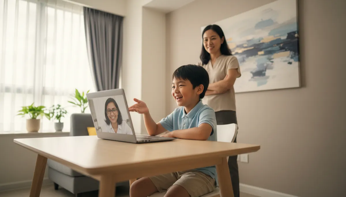 professional photorealistic scene of a Singaporean primary school student on a video call with a friendly tutor at home in a Sengkang HDB flat living room, laptop open on a tidy study table, parent in background listening in, neutral colour palette