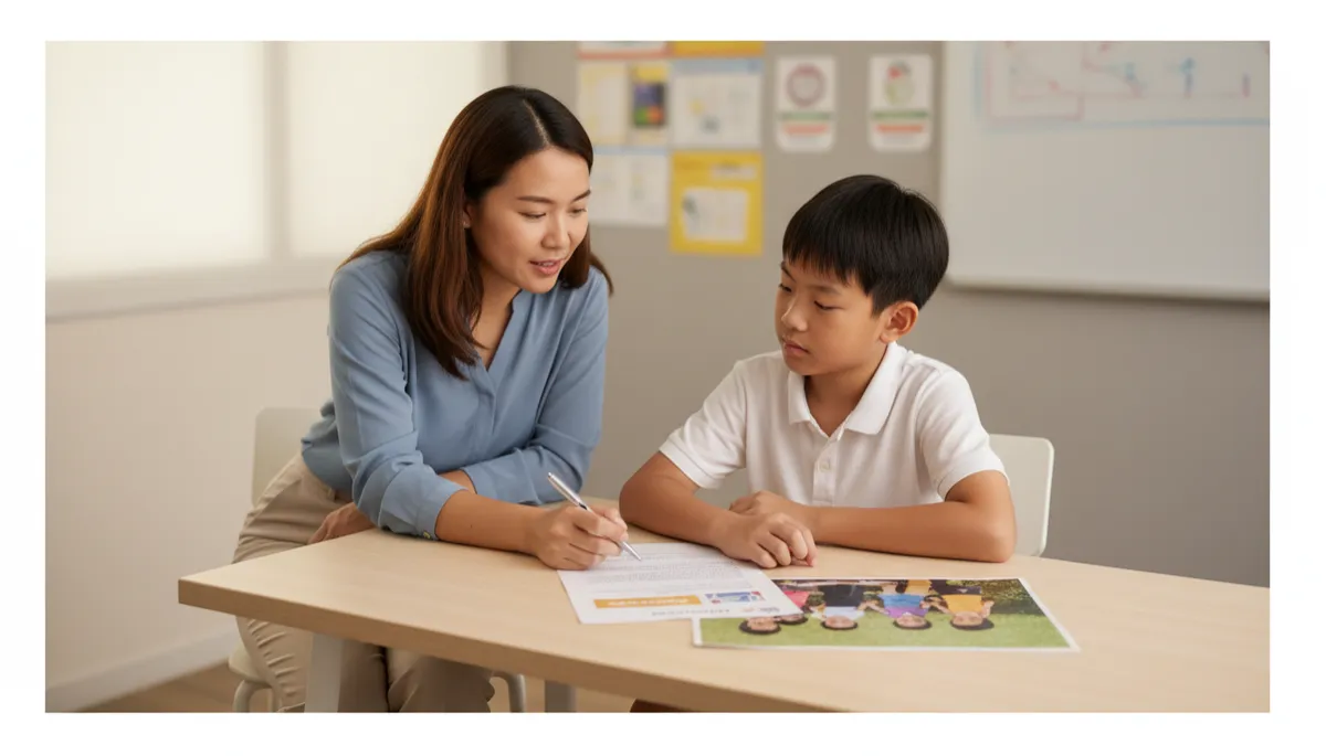 professional neutral-toned classroom setting in Clementi Singapore, tutor guiding Primary 6 student through PSLE oral practice with printed passage and photograph stimulus on table, soft natural light, calm focused expressions