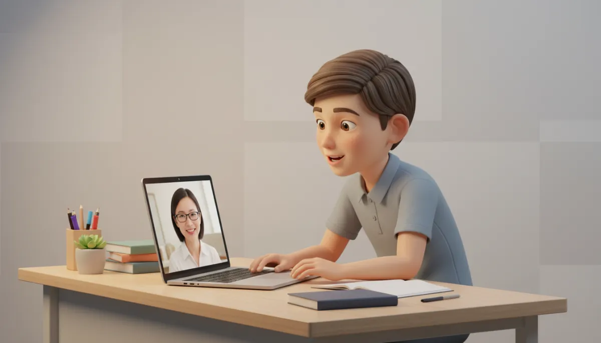 professional neutral-toned scene of a Primary 6 student in Singapore speaking confidently into a laptop during an online oral coaching session, with a calm tutor on screen and tidy study desk