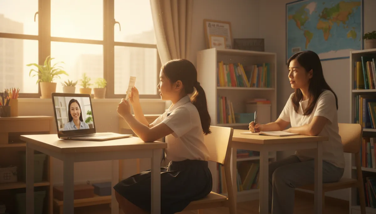 photorealistic bright Singapore HDB study room with a focused Primary 6 student practising English oral with cue cards and a laptop, warm afternoon light streaming through window, parent sitting nearby taking notes, calm and encouraging atmosphere