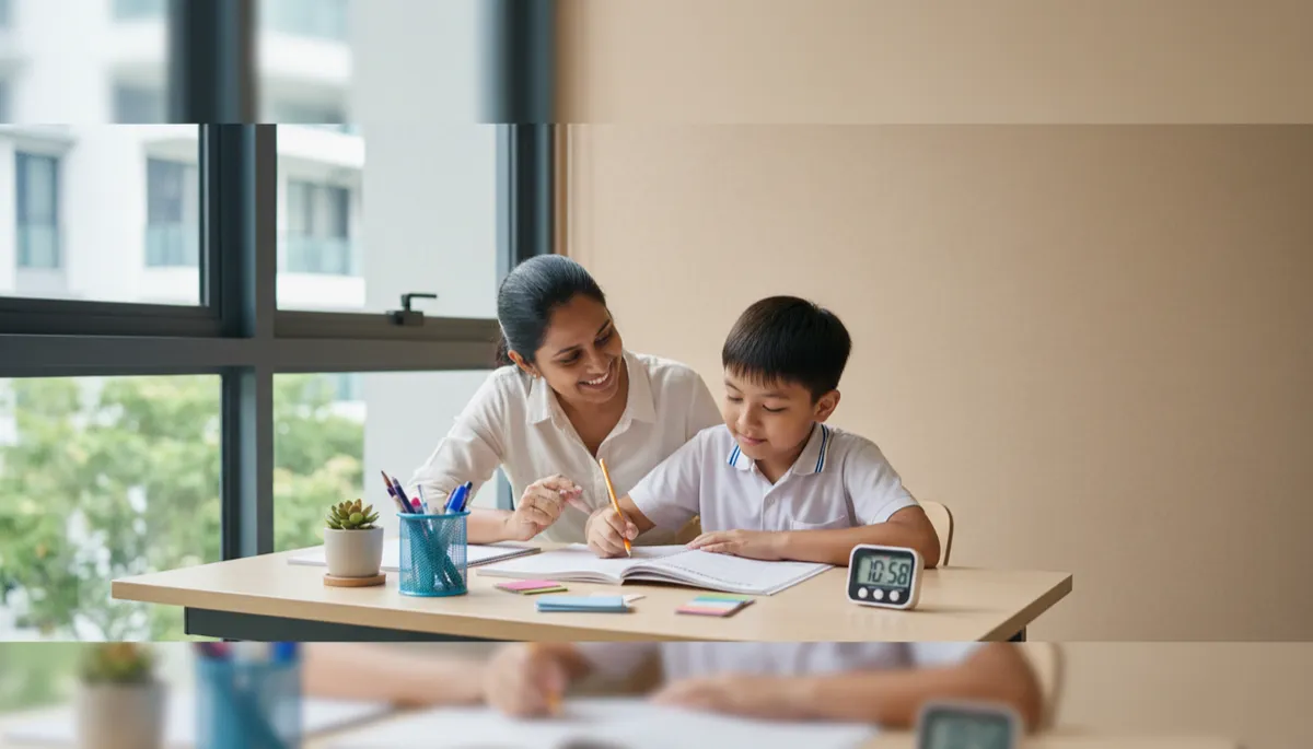 photorealistic neutral-toned scene of a Primary 5 Singaporean child practising English oral with a supportive parent at a tidy study desk, open assessment book and timer on the table, soft daylight from window, calm focused expressions