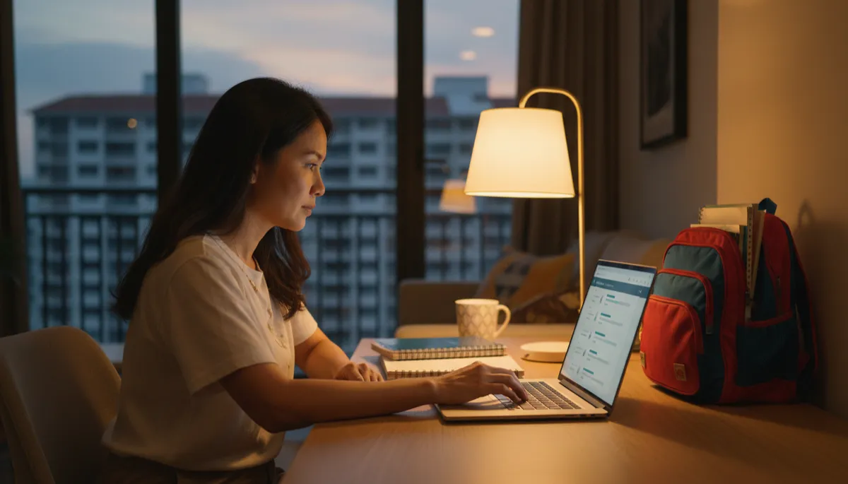 photorealistic warm-toned scene of a focused Singapore parent sitting at a tidy home desk in the evening, reviewing a checklist on a laptop screen, soft table lamp lighting, HDB flat backdrop, child's colourful primary schoolbag and textbooks slightly blurred in the background
