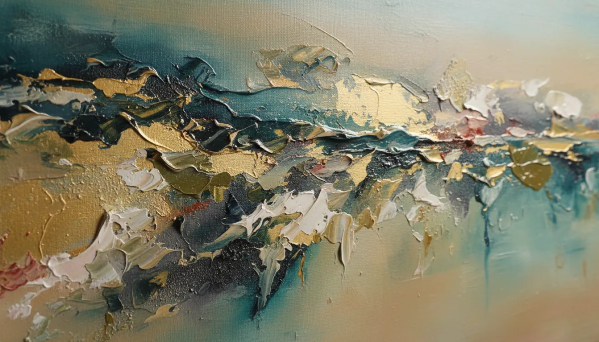 A high-resolution, photorealistic close-up of a richly textured, multi-layered contemporary painting illuminated by raking side light. The image captures the tactile qualities and material depth of thick brushstrokes, impasto textures, and subtle color transitions on canvas. No text or graphic overlays. The focus is on the tangible surface details, inviting viewers to sense the physicality and craftsmanship of modern painting. The palette features sophisticated, harmonious hues suitable for a professional art blog, with a clean, uncluttered background to emphasize the artwork’s haptic qualities.