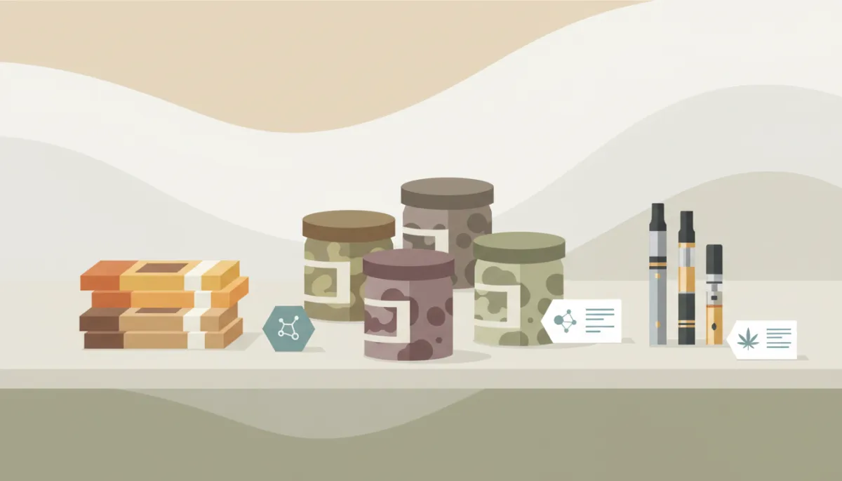 Professional display of cannabis flower, edibles, and vape products in a dispensary