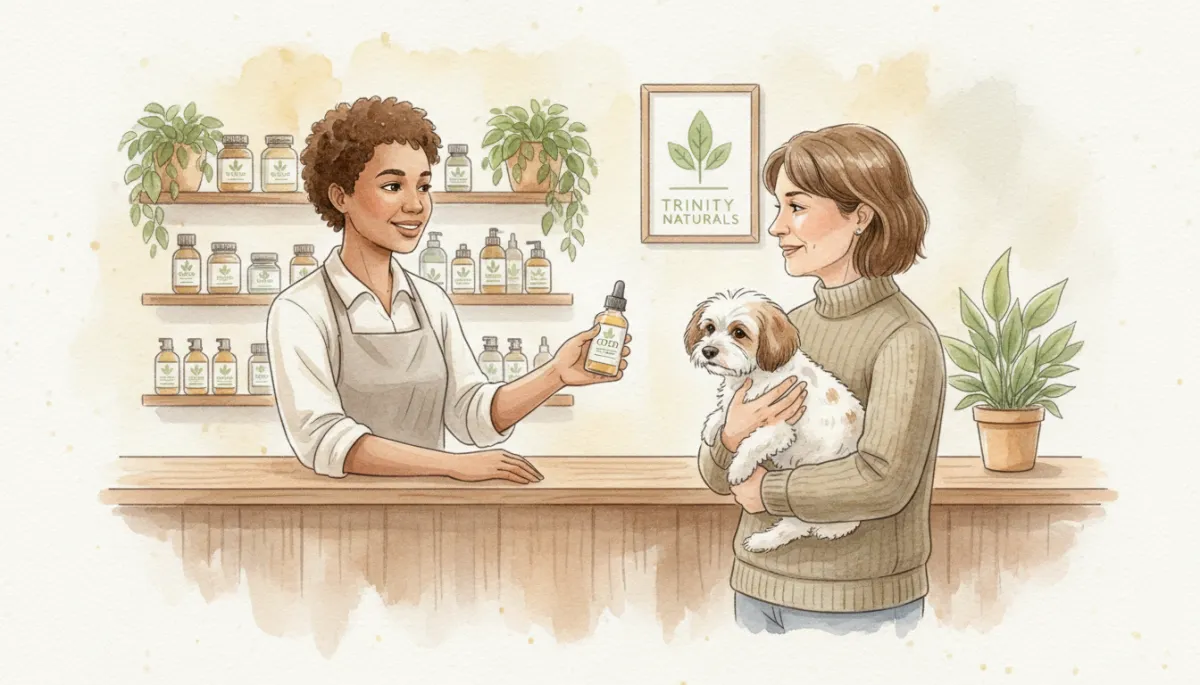 Trinity Naturals staff member helping a customer choose a pet CBD product