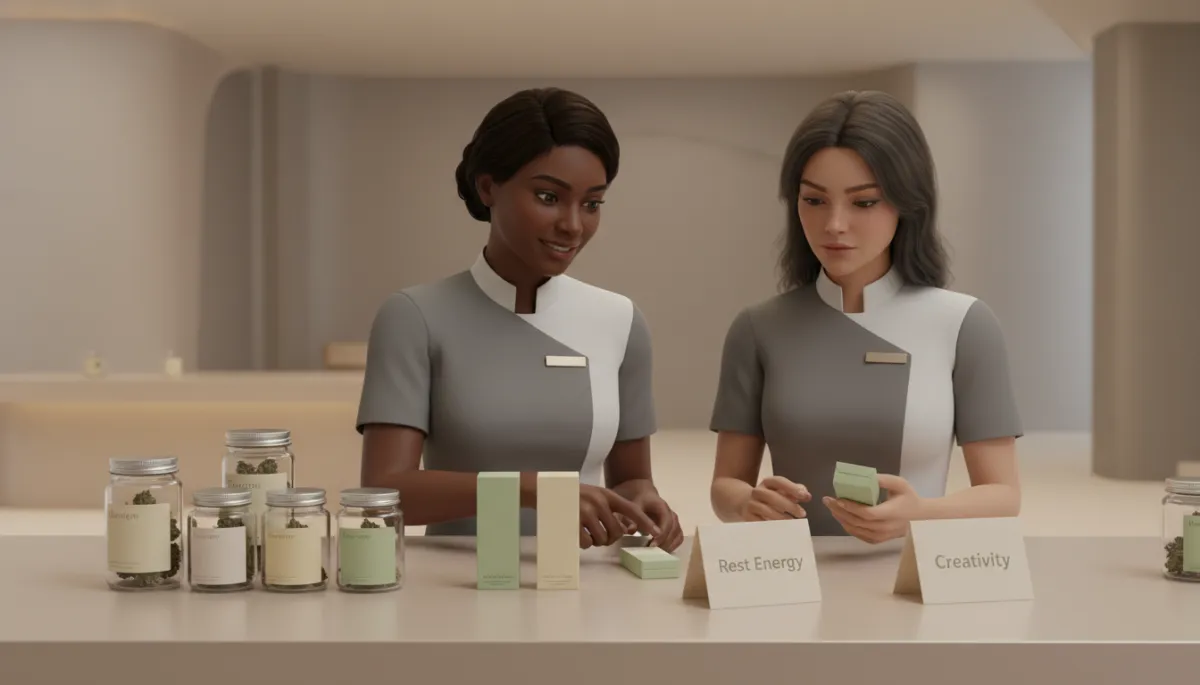 Consultant and customer reviewing cannabis products organized by desired effects Consultant and customer reviewing cannabis products organized by desired effects