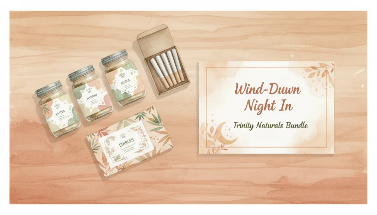 Curated cannabis bundle with flower, pre-rolls, and edibles arranged neatly Curated cannabis bundle with flower, pre-rolls, and edibles arranged neatly