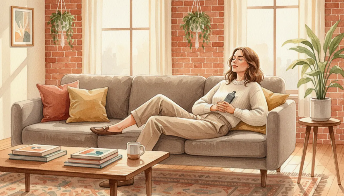 Person in a Chelsea apartment relaxing with a discreet brick-style vape device