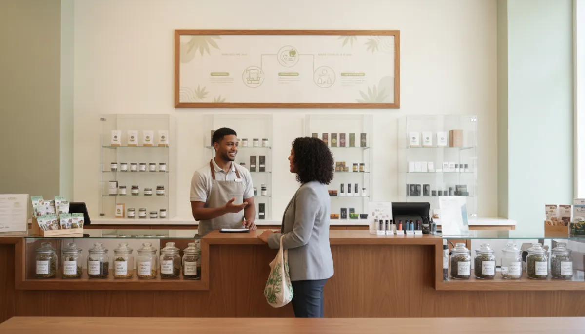 Professional photorealistic interior of Trinity Naturals with staff helping a customer Professional photorealistic interior of Trinity Naturals with staff helping a customer