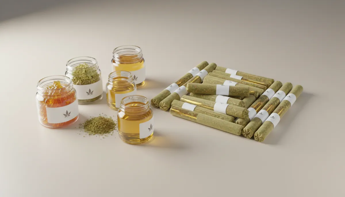 Selection of infused pre-rolls alongside cannabis concentrates on a dispensary counter Selection of infused pre-rolls alongside cannabis concentrates on a dispensary counter