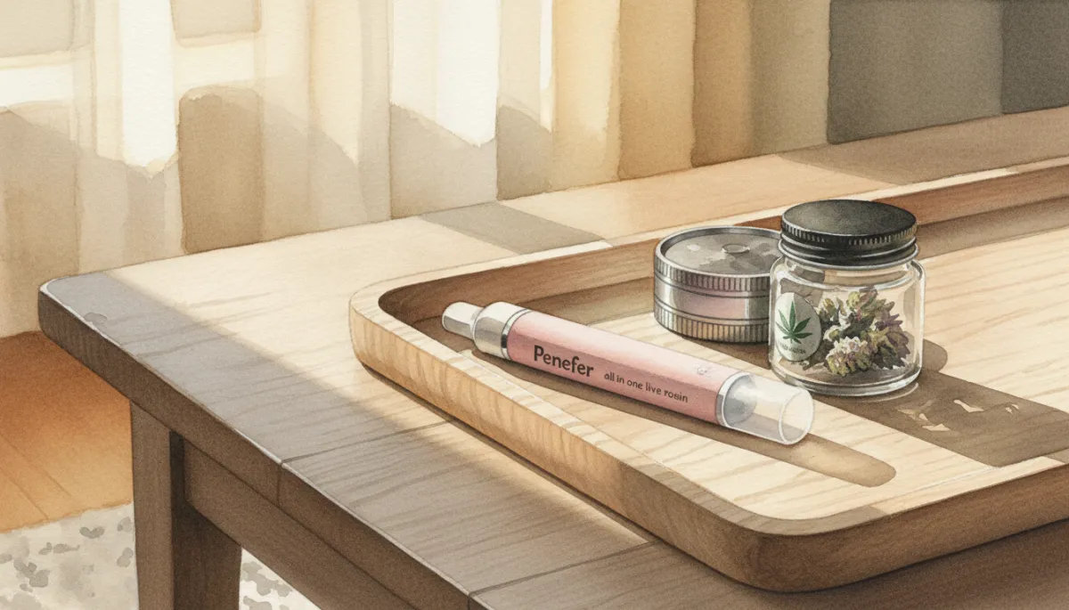 Penefer live rosin vape and premium cannabis flower displayed together Penefer live rosin vape and premium cannabis flower displayed together