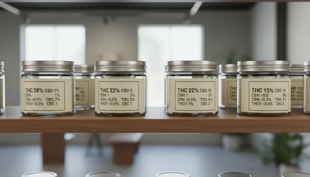 Cannabis jars labeled with different cannabinoid profiles on a shelf Cannabis jars labeled with different cannabinoid profiles on a shelf