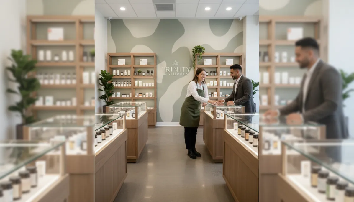 Interior of Trinity Naturals dispensary with staff helping a customer select cannabis products Interior of Trinity Naturals dispensary with staff helping a customer select cannabis products
