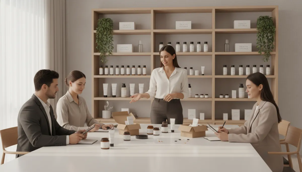 Team reviewing Trinity Naturals products and quality checklists in a studio Team reviewing Trinity Naturals products and quality checklists in a studio