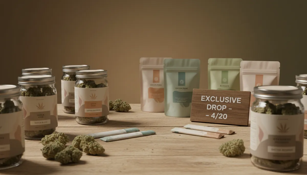 Display of premium cannabis jars and pre-rolls arranged for an exclusive drop at a local dispensary