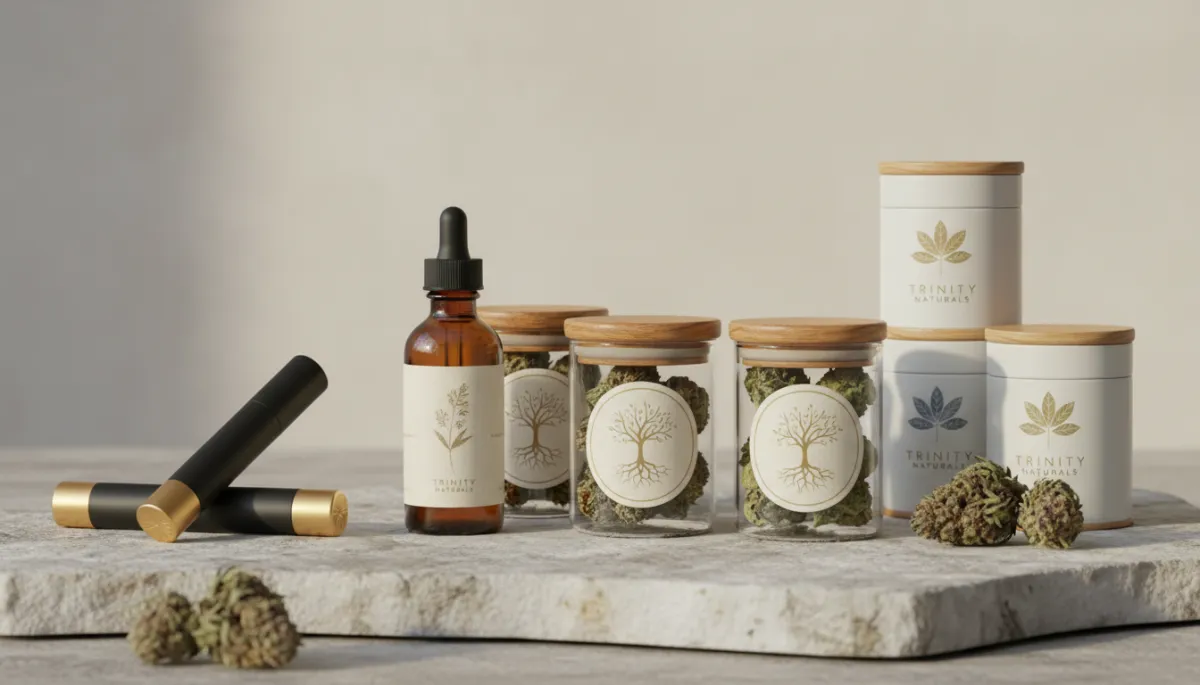 Close-up of Trinity Naturals cannabis products and wellness items arranged together