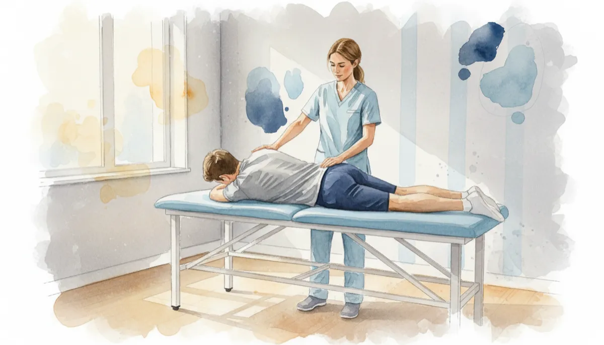 Physiotherapist guiding a patient through back exercises during a session