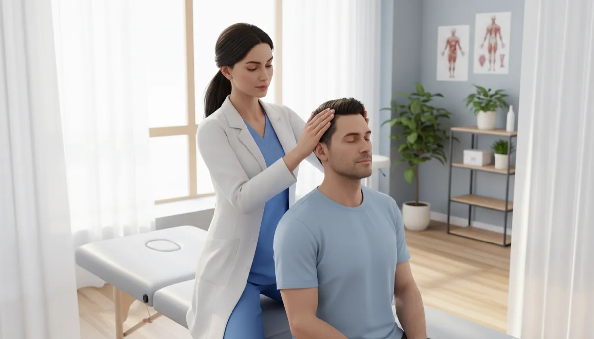 A high-quality photo of a physiotherapist carefully guiding a patient's neck through assisted movement exercises in a bright, modern clinic. The scene should communicate trust, expertise, and patient comfort, with soft lighting and a clean, professional setting. No overlays or distracting elements, ideal for illustrating hands-on physiotherapy for neck pain recovery.
