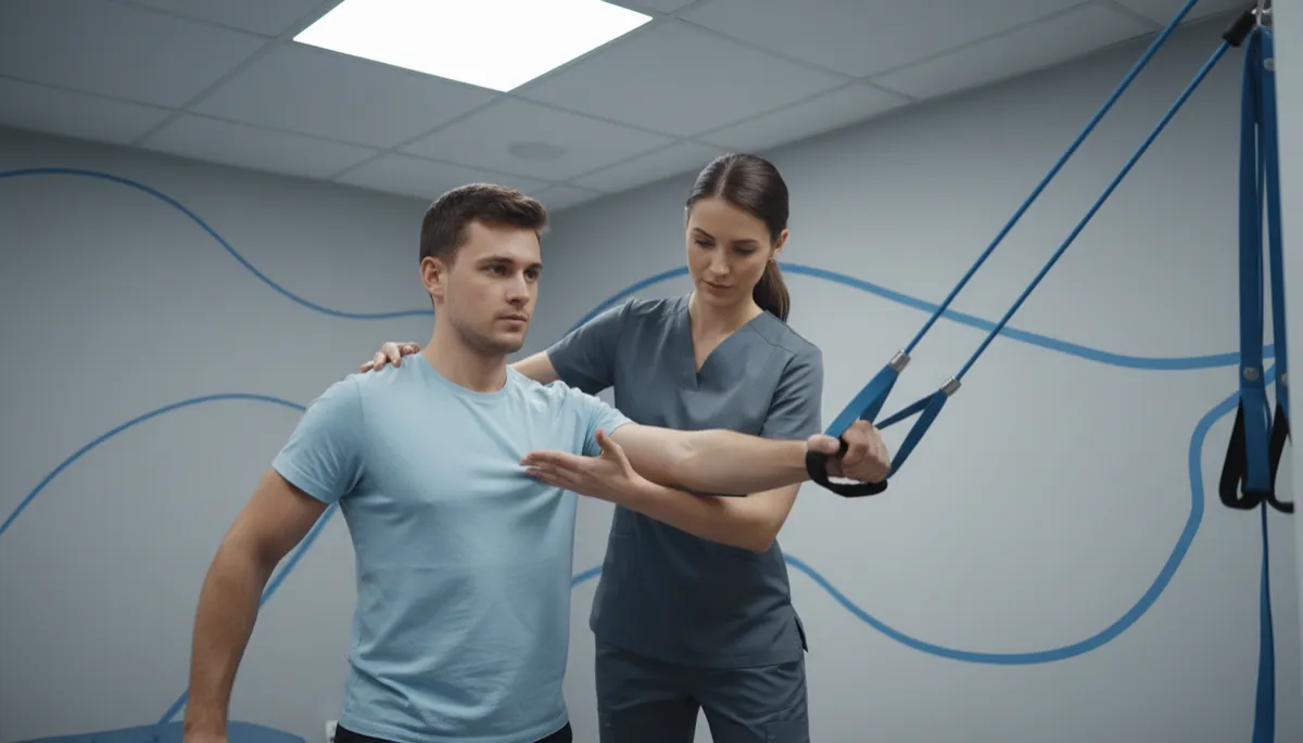 Physiotherapist guiding a patient through shoulder rehabilitation exercises