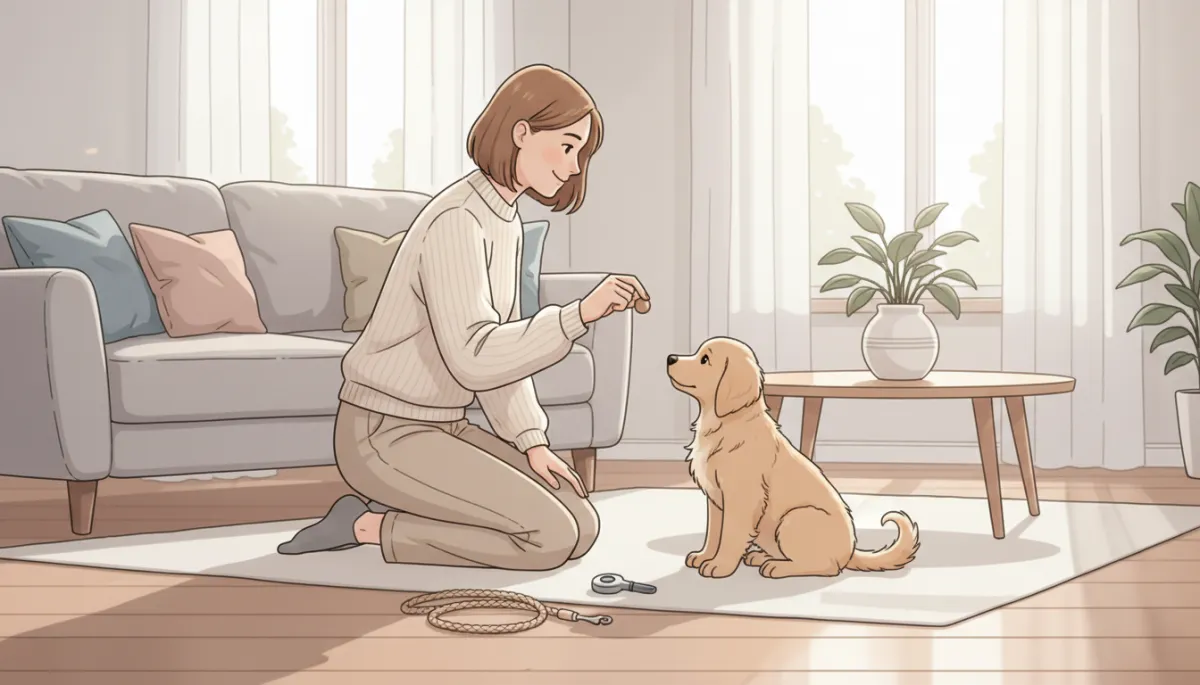 Dog trainer rewarding a puppy for sitting politely during training Dog trainer rewarding a puppy for sitting politely during training