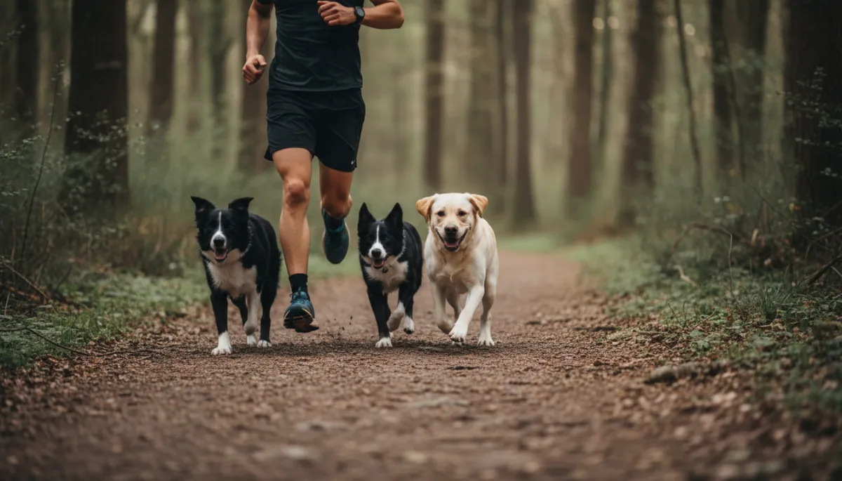 active dog breeds for outdoor adventures running with owner on forest trail