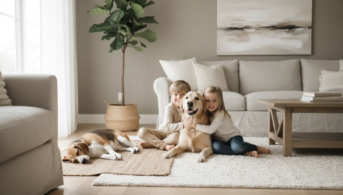 family-friendly dog breeds with children relaxing in a cozy living room