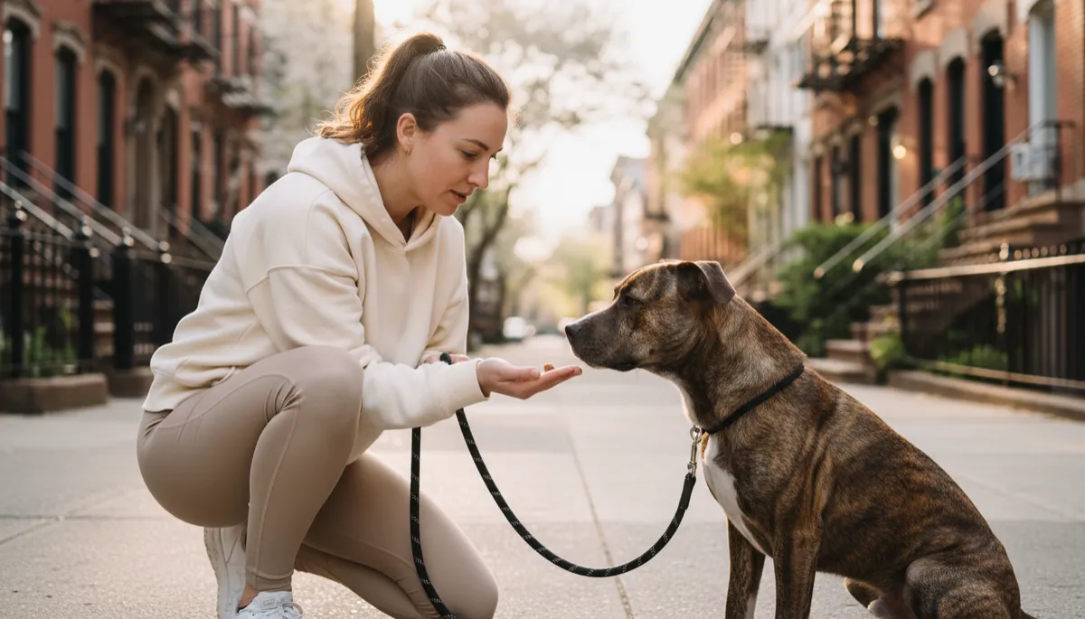 professional, clean, polished image of dog trainer working with adolescent dog on behavior and obedience