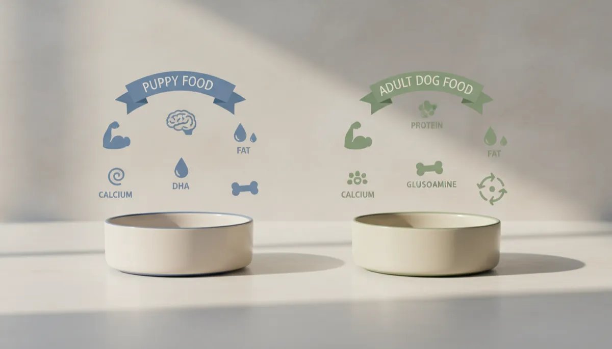 Visual comparison of puppy food and adult dog food nutritional components Visual comparison of puppy food and adult dog food nutritional components