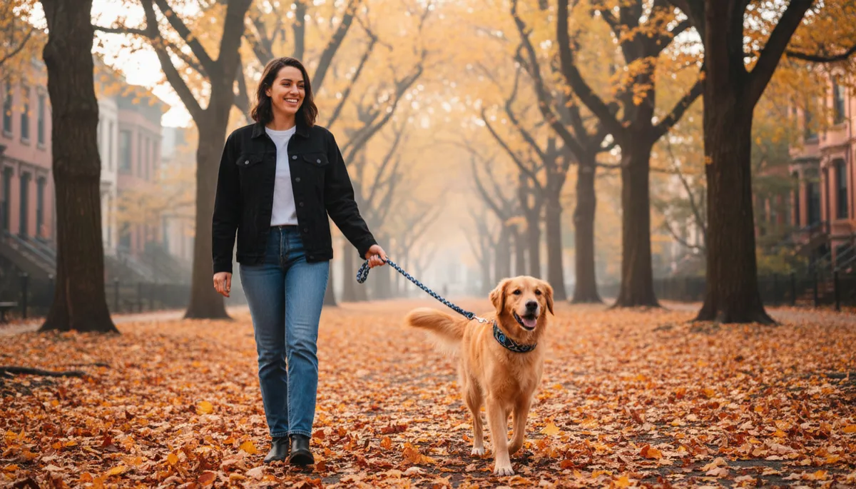 dog owner monitoring dog health during seasonal transition fall walk