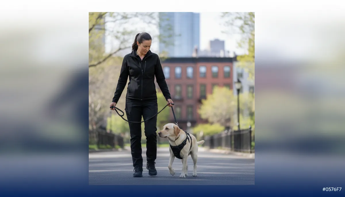 professional dog trainer working with adolescent dog on leash training obedience Brooklyn