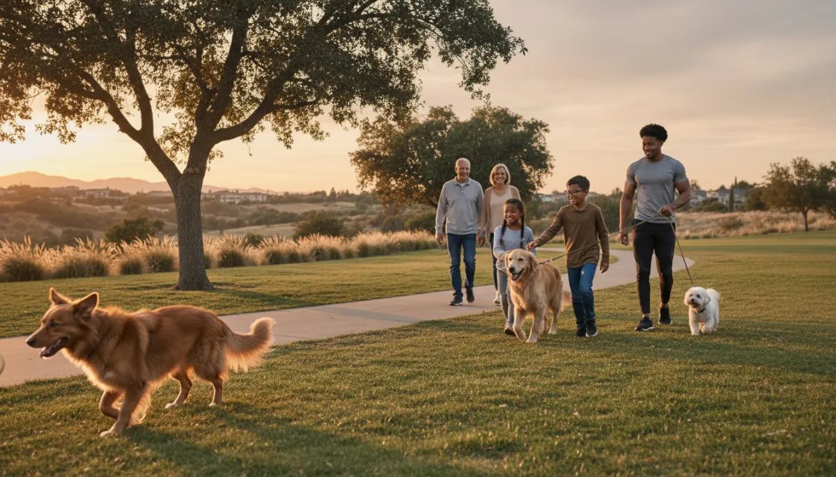 photorealistic scene of a diverse family and an athletic young adult walking three different dogs in a neutral-toned suburban park at sunset, one energetic herding dog running ahead, one calm family dog beside the children, and one relaxed smaller dog on a loose leash