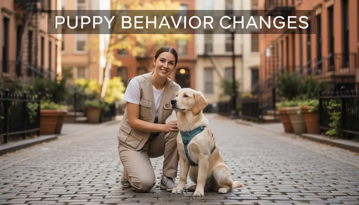 professional, clean, polished photorealistic scene of a young dog trainer kneeling beside an adolescent puppy in a Brooklyn brownstone park, soft neutral tones, city buildings blurred in background, subtle text overlay about puppy behavior changes