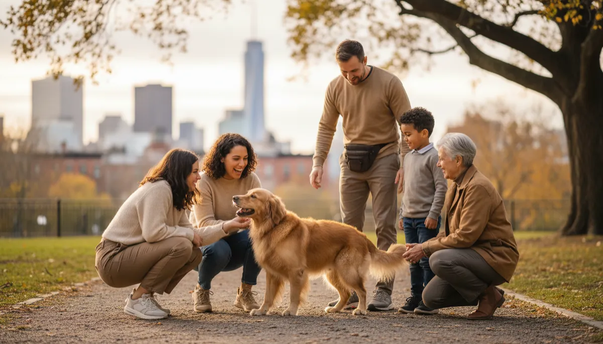 Photorealistic, professional, clean, polished, warm and inviting scene of a well-socialized adult dog happily interacting with a diverse group of people and a professional trainer in a Brooklyn park, neutral color palette, soft natural light, subtle city buildings in background