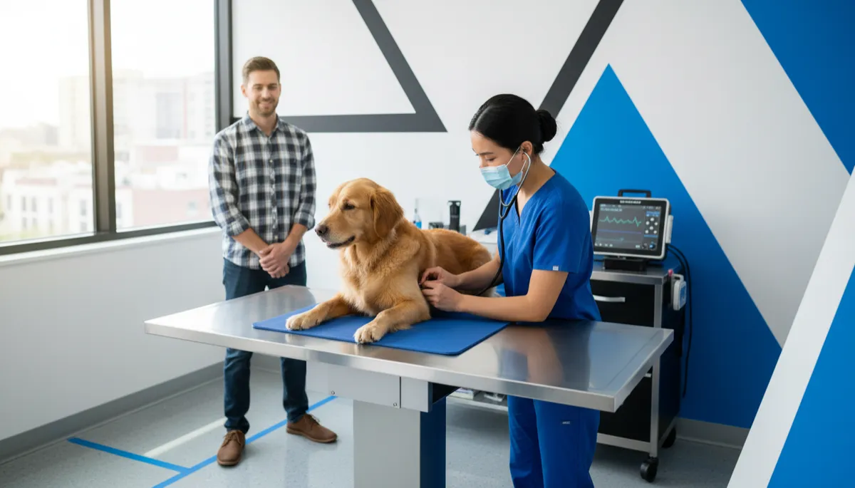 photorealistic healthy medium-sized dog being examined by a veterinarian in a bright, modern clinic, vet in blue scrubs gently checking the dog's heart with a stethoscope, black white and blue #0576F7 accent tones on walls and equipment, calm owner nearby