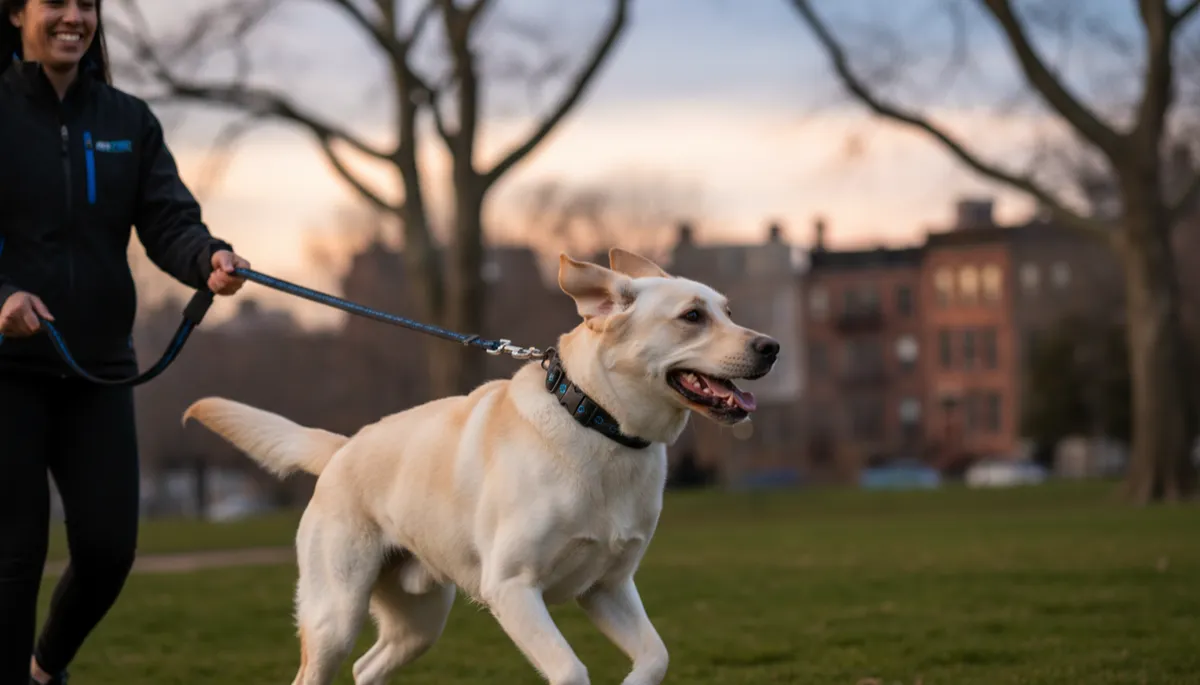 photorealistic energetic adolescent Labrador retriever in a Brooklyn park, trainer nearby holding leash, soft dramatic natural evening light, subtle Black #000000 White #FFFFFF Blue #0576F7 accents on collar and leash, professional pet photography 16:9